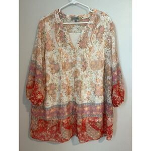Fig & Flower Womens Tunic Sheer Floral 3/4 Sleeve Button Up Cream Peach Multi 3X